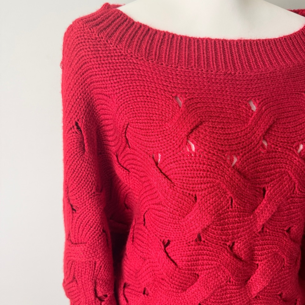 Jodifl Sweater S Red Chunky Cable Knit Boat Neck Dolman Sleeve Boho Slouchy - Picture 7 of 9